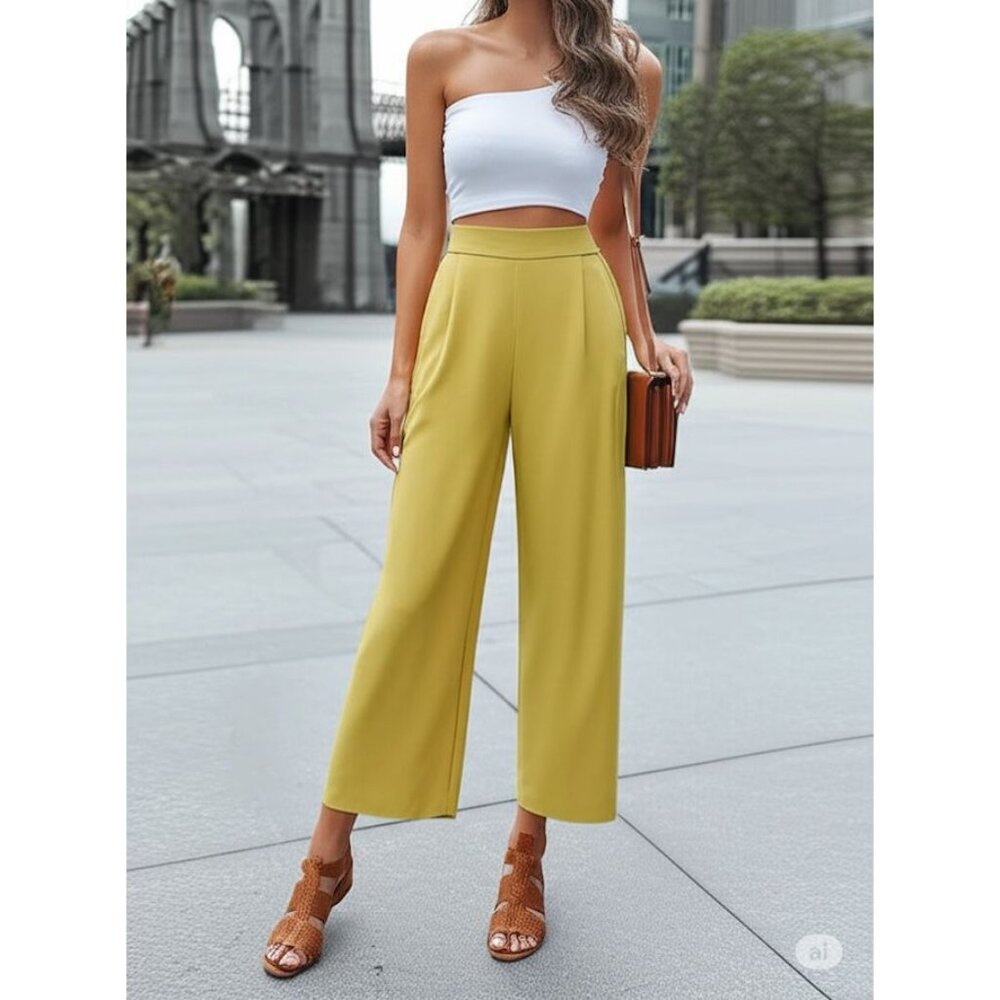 Express Wide-Leg Mustard Yellow Cropped Trousers With Side Zipper Closure